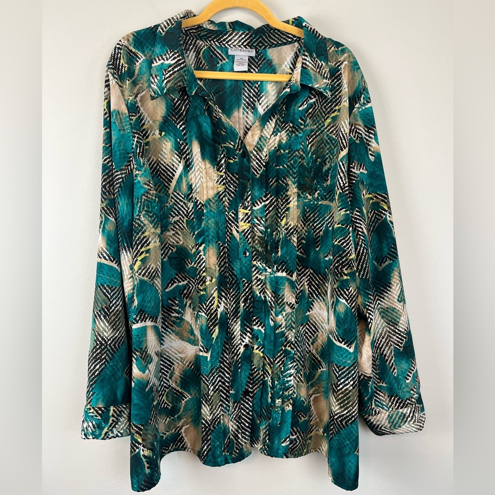 Catherines Print Button Down Shirt Blouse Front Pleats Long Roll Tab Sleeves 3X